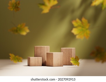 3D background, wood podium display. Natural dry autumn leaf falling. Green backdrop with leaves shadow. Fall product promotion Beauty cosmetic, yellow wooden stand. Studio Minimal, template 3D render 