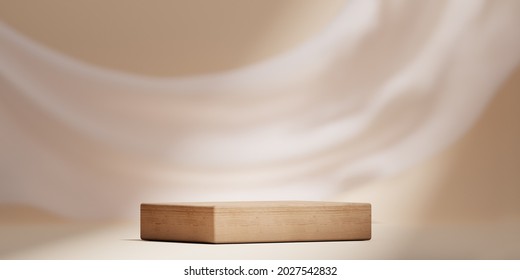 3D background, wood podium display . Natural nude, beige banner backdrop with shadow. Product promotion Beauty cosmetic, nature wooden stand. Studio empty Minimal 3D render 