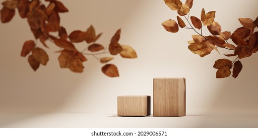 3D background, wood podium display set . Natural nude, beige banner backdrop with branch shadow. Product promotion Beauty cosmetic, nature dry autumn leaf. Wooden stand studio empty Minimal 3D render 