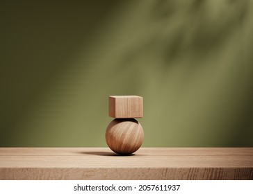 3D background, wood podium display. Natural wooden cube stand. Nature Green backdrop with leaves shadow. Product promotion Beauty cosmetic. Studio minimal, template mockup for advertising. 3D render