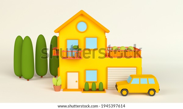 3d background, yellow house, car, green trees,\
porch, cute illustration render. Suburban house concept, front\
view. Home plants, cute summer pastel colors, real estate, house\
for sale.