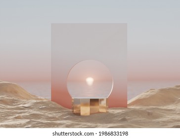 3D Background,podium Display,ocean, Sand Beach. Outdoor Pastel Circle Frame. Cosmetic, Beauty Product Promotion Mockup. Nature Shadow, Step Pedestal. Summer Minimal Banner 3D Render Illustration.