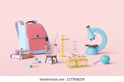 3d Backpack, School Bag, Microscope With Globe, Magnifying, Beaker, Test Tube Isolated On Pink Background. Room Online Innovative Education, E-learning, Science Experiment Kit Concept, 3d Render 