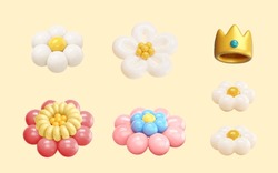 3D Balloon Art Isolated On Light Yellow Background. Including Balloon Flowers And Golden Crown.