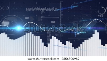 3D bar chart dominating virtual dashboard, with smooth waveform line, audio trace and globe overlay. Analytics, data visualization, digital interface, futuristic, tech, financial, science