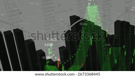 3D bar chart skyline projecting upward trend in data dashboard, with line graph and candlesticks. Business, analytics, visualization, technology, finance, innovation, progress