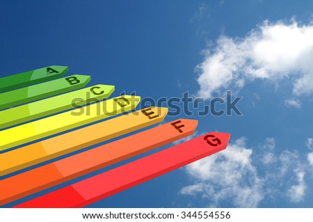 3D Bar Graph, Energy Efficiency Concept, Isolated on Blue Sky