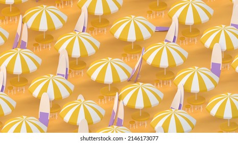 3D Beach umbrellas with tables, chairs and surfboards or sup boards, seamless pattern. Active summer vacations concept. Striped parasol with sport equipment on yellow background, 3D wallpaper