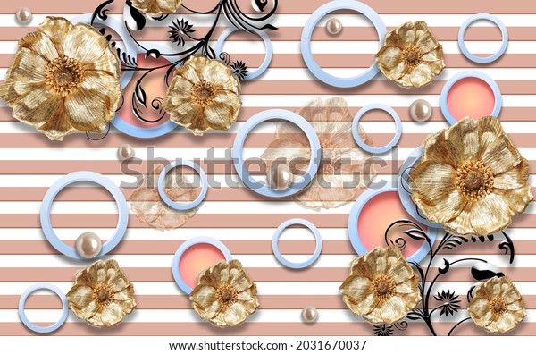 3D beautiful golden flower pearl and circle background for wall