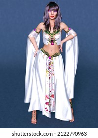 3D Beautiful oriental woman dancing belly dance.White dress with jewels.Woman studio photography.Conceptual fashion art.Render illustration