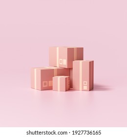 3d Beautiful Parcels Cardboard Box On Pink Background, Packaging. 3d Render Illustration