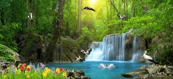 3d Beautiful Waterfall Inside Tropical Forest With Stork, Swan, And Beautiful Flowers. 3D Rendering