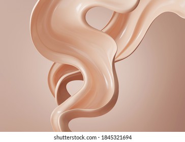 3D beige display with liquid foundation splash swirl on studio background. Nude makeup cream fluid flow podium showcase for beauty product, cosmetics promotion. Minimal Abstract 3D render mockup