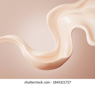 3D Beige Display With Liquid Foundation Splash Swirl On Studio Background. Nude Makeup Cream Fluid Flow Podium Showcase For Beauty Product, Cosmetics Promotion. Minimal Abstract 3D Render Mockup