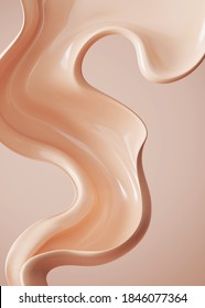 3D beige display with liquid foundation splash swirl on studio background. Nude makeup cream fluid flow close up for beauty product, cosmetics promotion. Poster Abstract 3D render mockup