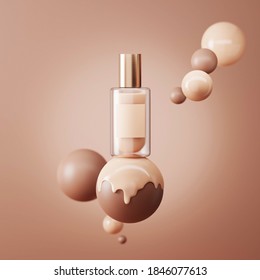 3D Beige Display With Liquid Foundation Splash Dripping On Studio Brown Background. Nude Makeup Cream Fluid Flow Down. Beauty Product, Cosmetics Promotion Podium Ball. Abstract 3D Render Mockup.