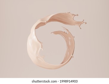 3D Beige Display With Liquid Round Foundation Splash Swirl On Studio Background. Nude Makeup Cream Fluid Flow Podium Showcase For Beauty Product, Cosmetics Promotion. Minimal Abstract 3D Render Mockup