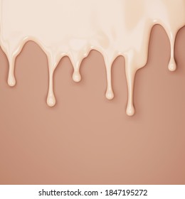 3D Beige Foundation Background. Liquid Texture, Creamy Foundation Dripping. Make-up, Cosmetic Splash Drop For Mockup Banner With Copy Space. 3D Render Abstract  Brown Background For Product Or Text