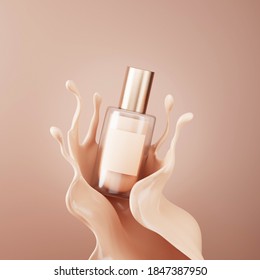 3D Beige Foundation Background. Liquid Texture, Creamy Splash Swirl. Make-up, Cosmetic Bottle. Beauty Mockup Minimal Banner With Copy Space. 3D Render Abstract Brown Background For Product Promotion. 