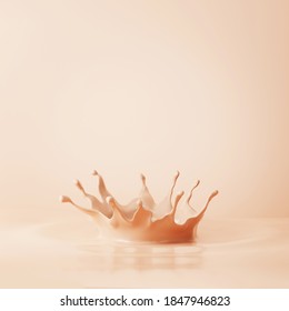 3D Beige Foundation Background. Liquid, Paint Creamy Crown Splash, Swirl. Make-up, Cosmetic Product Falling And Splashing. Beauty Mockup Banner. 3D Render Minimal Abstract  For Product Promotion Text