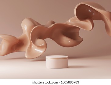 3D beige pedestal podium with brown creamy foundation flow splash on nude background. Pedestal showcase for beauty, cosmetics product promotion. Abstract minimal 3D render illustration for package.  