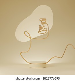 3D Beige Podium Display With Line Art Woman Portrait With Hat. Summer, Pedestal Showcase For Nature Cosmetic, Beauty Product Presentation. Feminine Minimal, Abstract Scene Illustration, 3D Render .