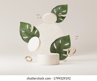 3D beige terrazzo stone pedestal podium with monstera palm leaf levitating. Green leaves flying on nude background. Rock stage display for cosmetics beauty products presentation 3D render illustration