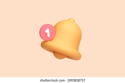 3D Bell Notification Icon. One Reminder Notification. Icon In Cartoon Design Isolated On Background. Yellow Or Gold. 3D Rendering