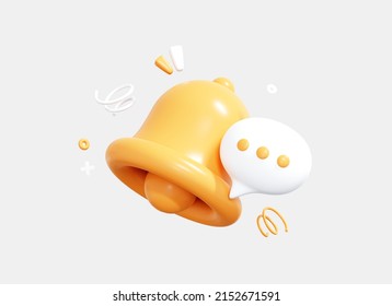 3D Bell Notification With Speech Bubble. Social Media Message. Subscribe To The Channel. Reminder In Phone App. Notice Concept. Cartoon Creative Design Icon Isolated On White Background. 3D Rendering