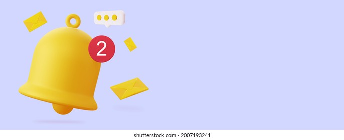 3d bell for notifications with envelopes. The concept of the postal service. An illustration of a horizontal 3d rendering with an copy space
