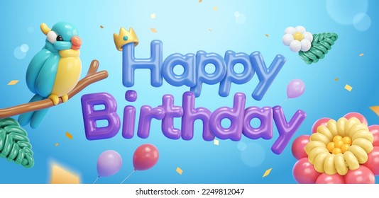 3D Birthday balloon typography banner. Twisted balloon blue bird on twig and flowers on light blue background. - Powered by Shutterstock