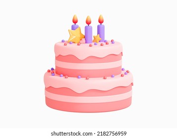 3D Birthday cake with candles and decorations. Pink cake emoji. Party surprise. Two tier wedding cake. Pastel color. Cartoon creative design icon isolated on white background. 3D Rendering - Powered by Shutterstock