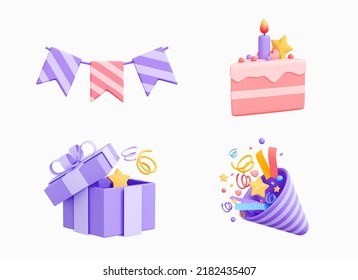 3D Birthday Icon Set. Party Surprise Decoration. Carnival Garland, Piece Of Cake, Gift Box And Firecracker With Confetti. Cartoon Creative Design Icons Isolated On White Background. 3D Rendering