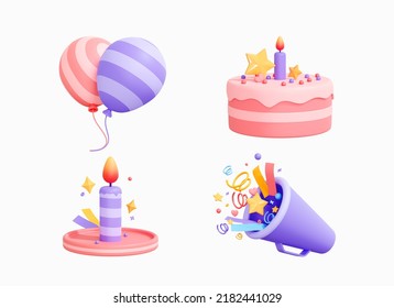 3D Birthday icon set. Party surprise decoration. Balloons, festive cake, candle and firecracker with confetti. Pastel color. Cartoon creative design icons isolated on white background. 3D Rendering - Powered by Shutterstock