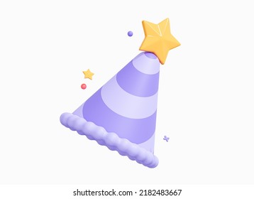 3D Birthday party hat with star. Surprise festive decoration. Purple striped celebration cap. Happy new year cone. Cartoon creative design icon isolated on white background. 3D Rendering - Powered by Shutterstock