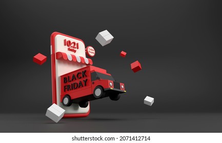 3D. Black Friday concept. mobile phone delivery truck online shopping fast delivery service. 3D. Black Friday concept. mobile phone delivery truck online shopping fast delivery service.