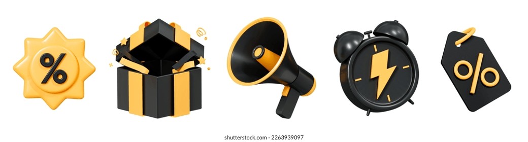 3D Black Friday sale set icon. Shopping promotion and discount. Megaphone, price tag, gift box and alarm clock with flash. Cartoon creative design icon isolated on white background. 3D Rendering - Powered by Shutterstock