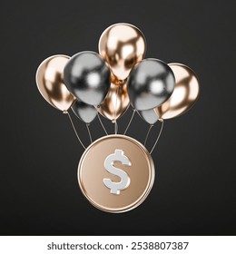 3D Black Friday-themed image featuring a dollar coin lifted by a bouquet of metallic gold and silver balloons. Perfect for discount announcements, limited-time offers. - Powered by Shutterstock