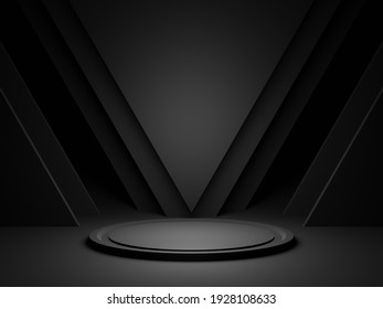 3D Black Geometric Stage Podium. Dark Background.