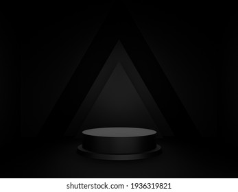 3D Black Geometric Stage Podium. Dark Background.