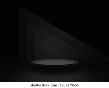 3D Black Geometric Stage Podium. Dark Background.