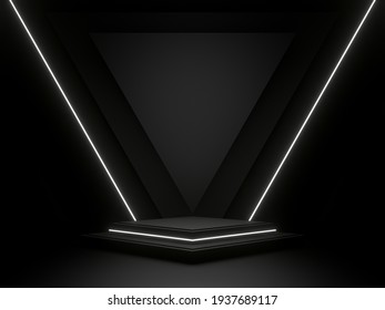 3D Black geometric stage podium and neon light. Dark background.