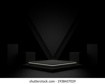 3D Black Geometric Stage Podium And Neon Light. Dark Scientific Background.