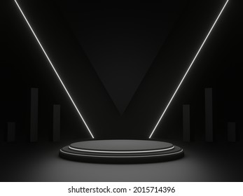 3D Black Geometric Stage Podium With White Neon Light. Dark Background.