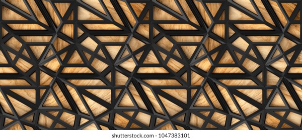 3d black loft lattice tiles on wooden oak background. Material wood oak. High quality seamless realistic texture.