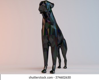 3D Black Low Poly (dog) Inside A White Stage With High Render Quality To Be Used As A Logo, Medal, Symbol, Shape, Emblem, Icon, Children Story, Or Any Other Use.