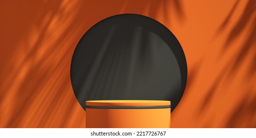 3D Black And Orange Product Podium Display With Tree Shadow Background ,halloween Product Mockup Background,3D Render Illustration