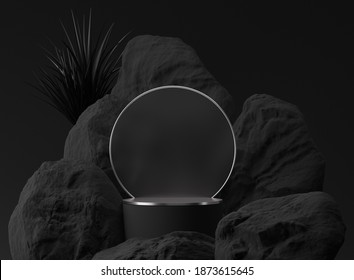 3D black palm,stone, rock podium display. Copy space circle  background. Cosmetics or beauty product promotion mockup.  Natural rough silver grey,  step pedestal. Trendy minimalist banner, 3D render 