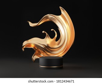 3D Black Pedestal Podium, Gold Liquid  Splash Swirl On Dark Background. Luxury Golden Flow With Display Showcase For Beauty Product, Cosmetics Promotion.  Abstract 3D Render Mockup