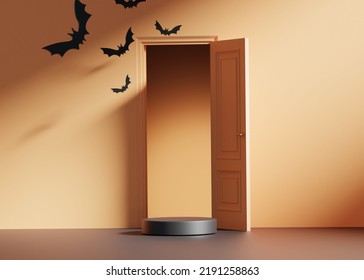 3D Black Podium Display On Orange Background With Open Door. Halloween Flying Bat. Pedestal Showcase. Fall Product Promotion Stand. Abstract Banner, Spooky 3D Render.  Advertisement Mockup.
